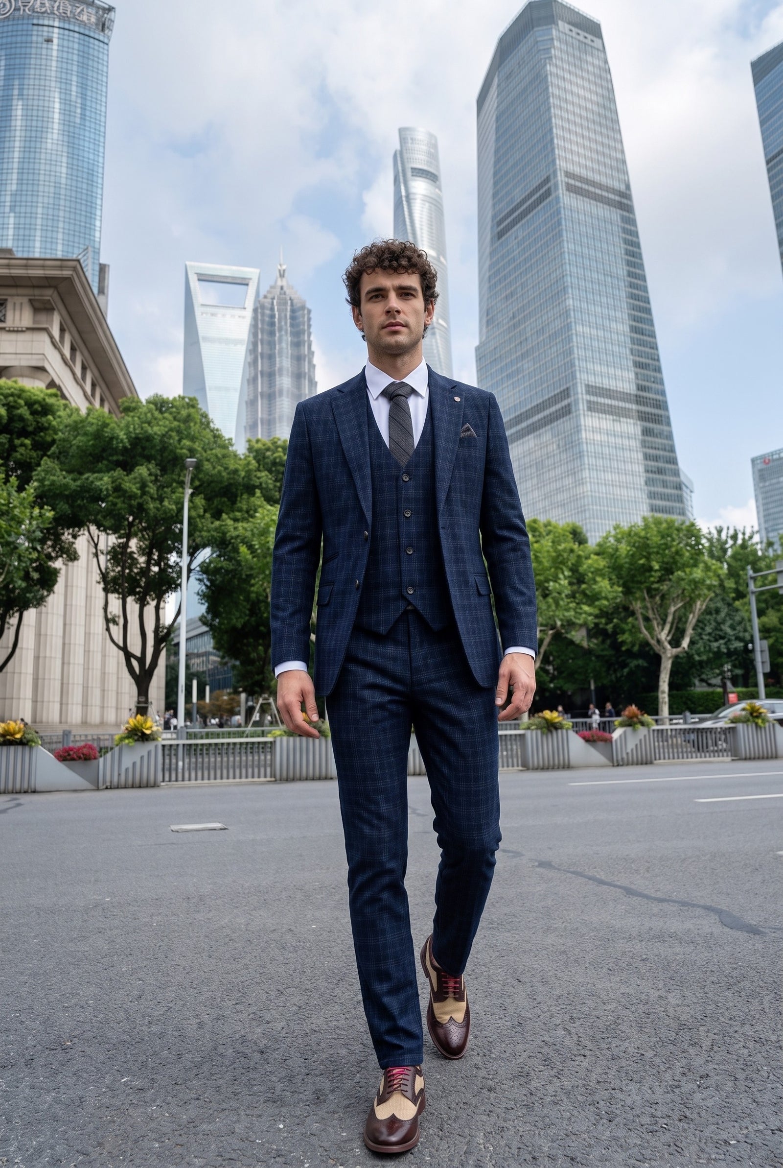 Look #570 styled with Marcos - vīriešu tumši zils rūtains, pieguļošs trīsdaļīgs uzvalks