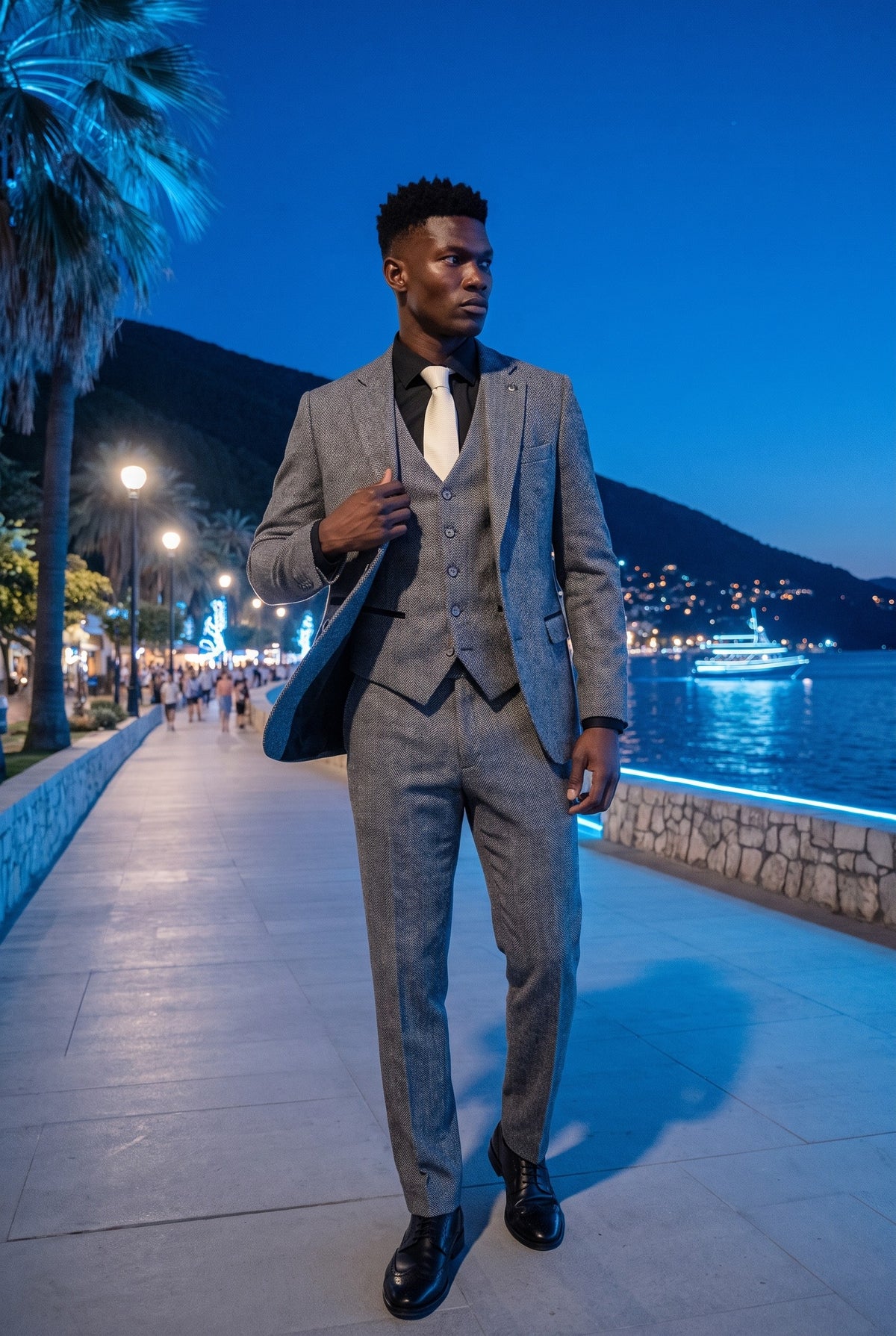 Look #975 styled with IM41 - pelēks trīsdaļīgs tvīda uzvalks vīriešiem ar "siļķu kaula" rakstu