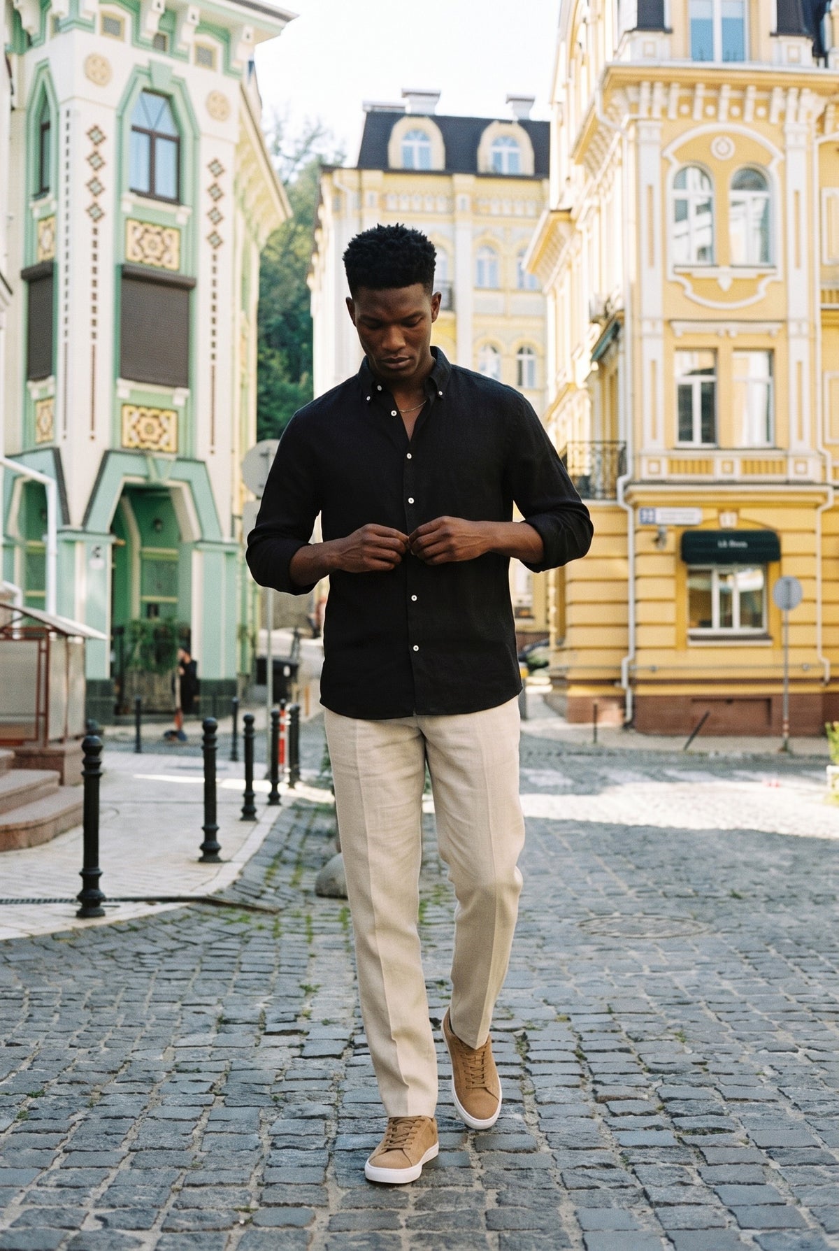 Look #1015 styled with Vīriešu melns tīra lina krekls ar garām piedurknēm un pogām vasaras krekls