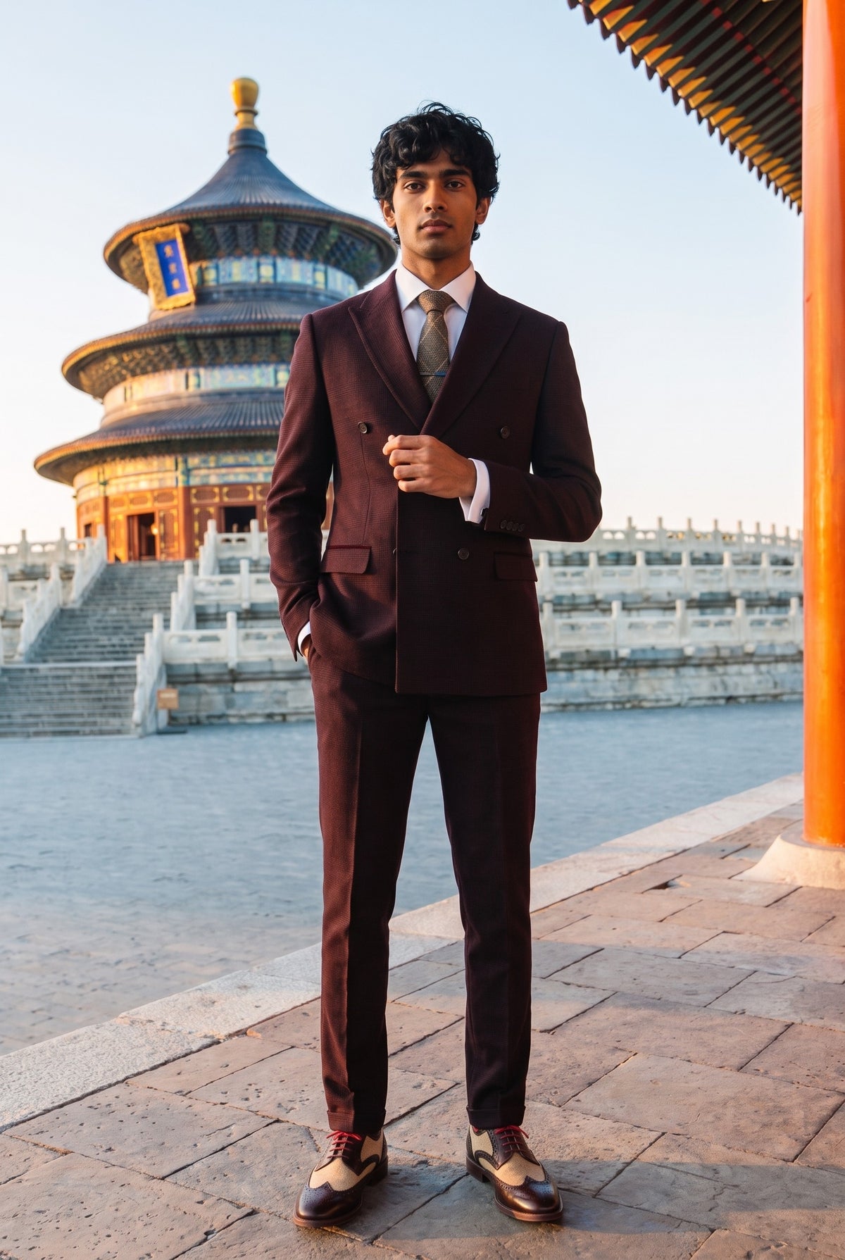 Look #641 styled with Regent - vīriešu bordo divdaļīgs uzvalks ar dubultrindu