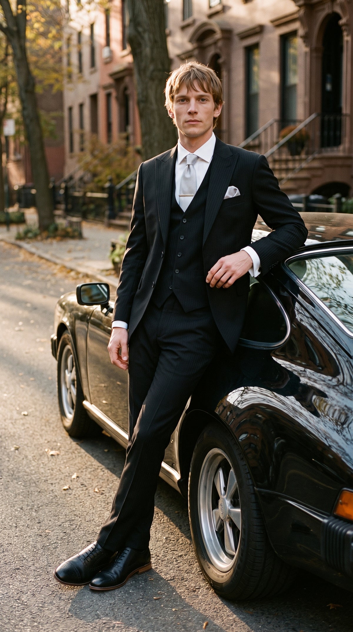Look #819 styled with Roberto - vīriešu melns trīsdaļīgs vilnas maisījuma uzvalks ar ēnu svītrām