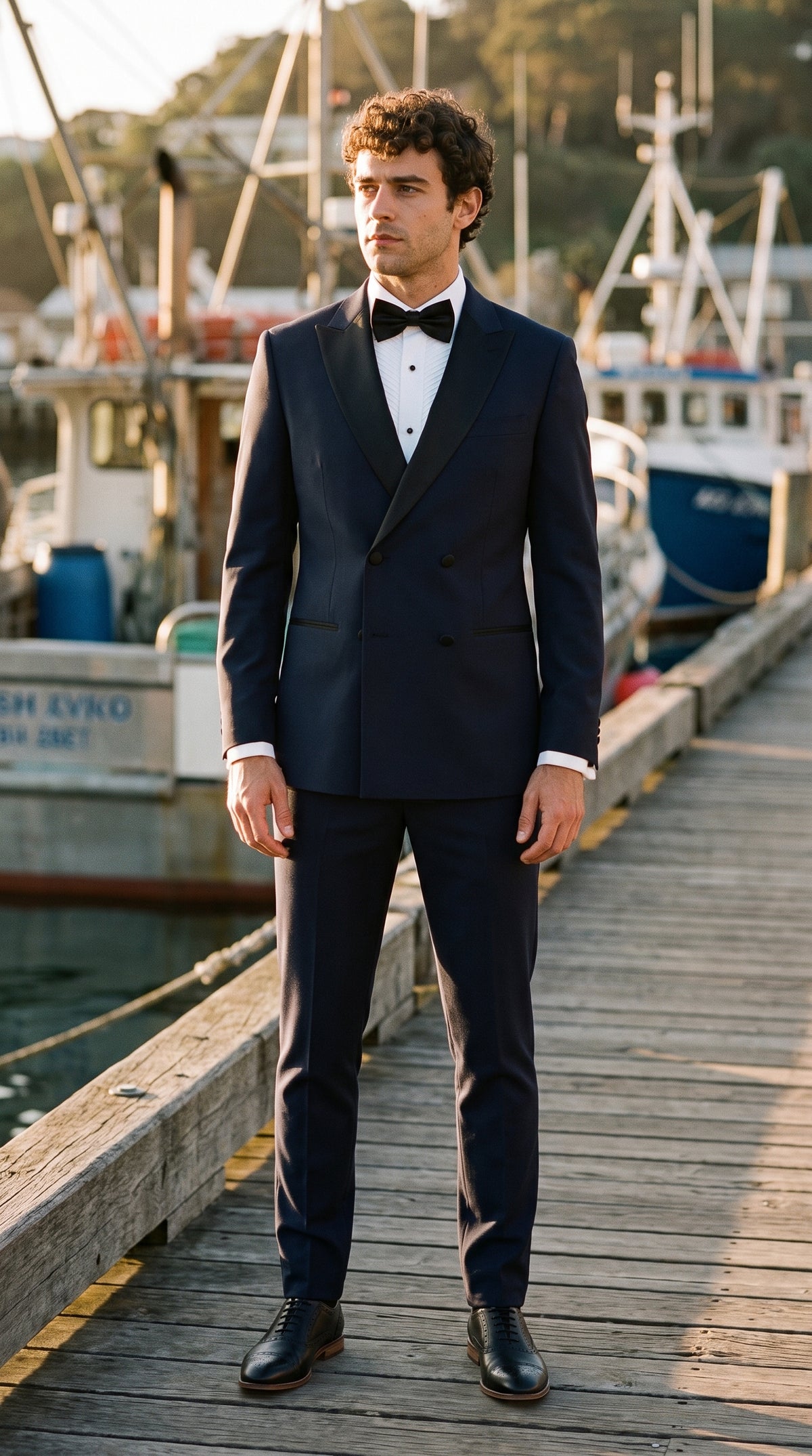 Look #802 styled with Aspen - vīriešu tumši zils divdaļīgs smokinga uzvalks ar dubultrindu