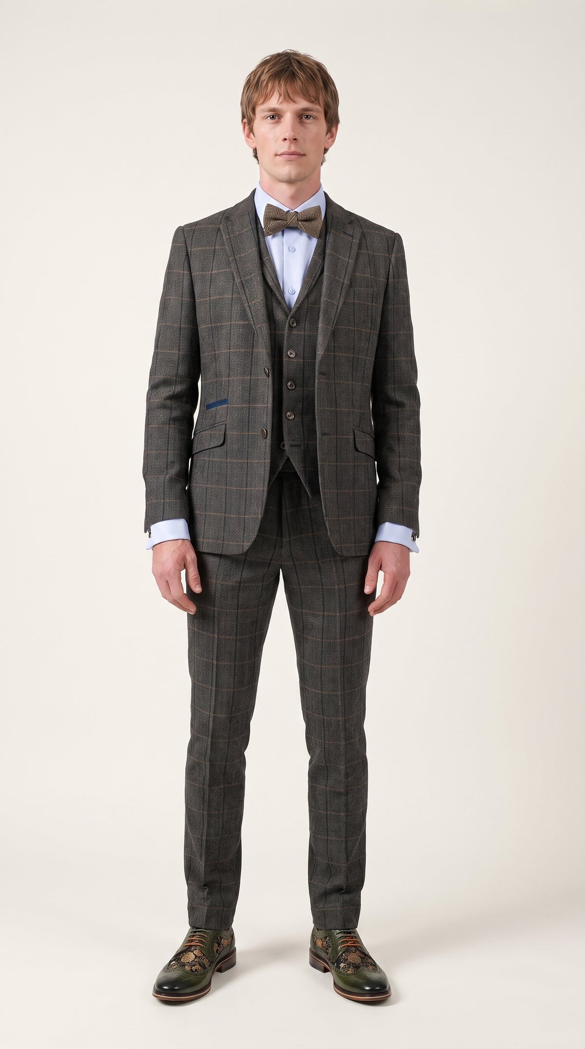 Look #330 styled with Cavani Albert - vīriešu trīsdaļīgs tvīda uzvalks ar "siļķu kaula" rakstu - tumši zils