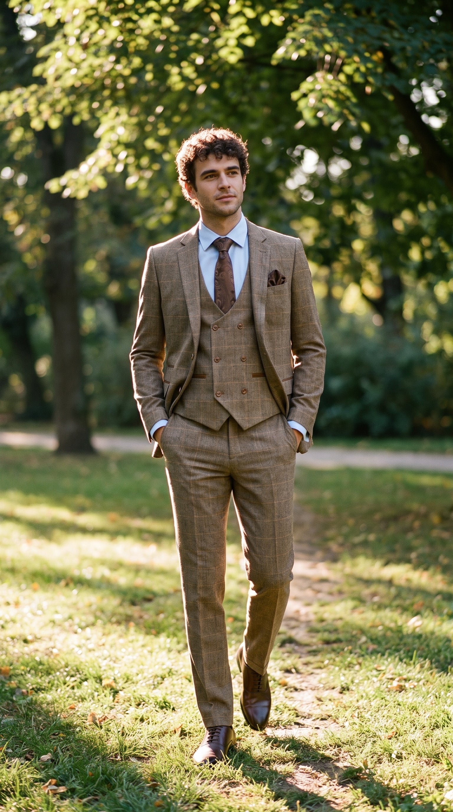 Look #343 styled with Vīriešu trīsdaļīgs tvīda uzvalks ar "siļķu kaula" rakstu, gaiši brūns, rūtains, pieguļošs, dubultā klasisks raksts