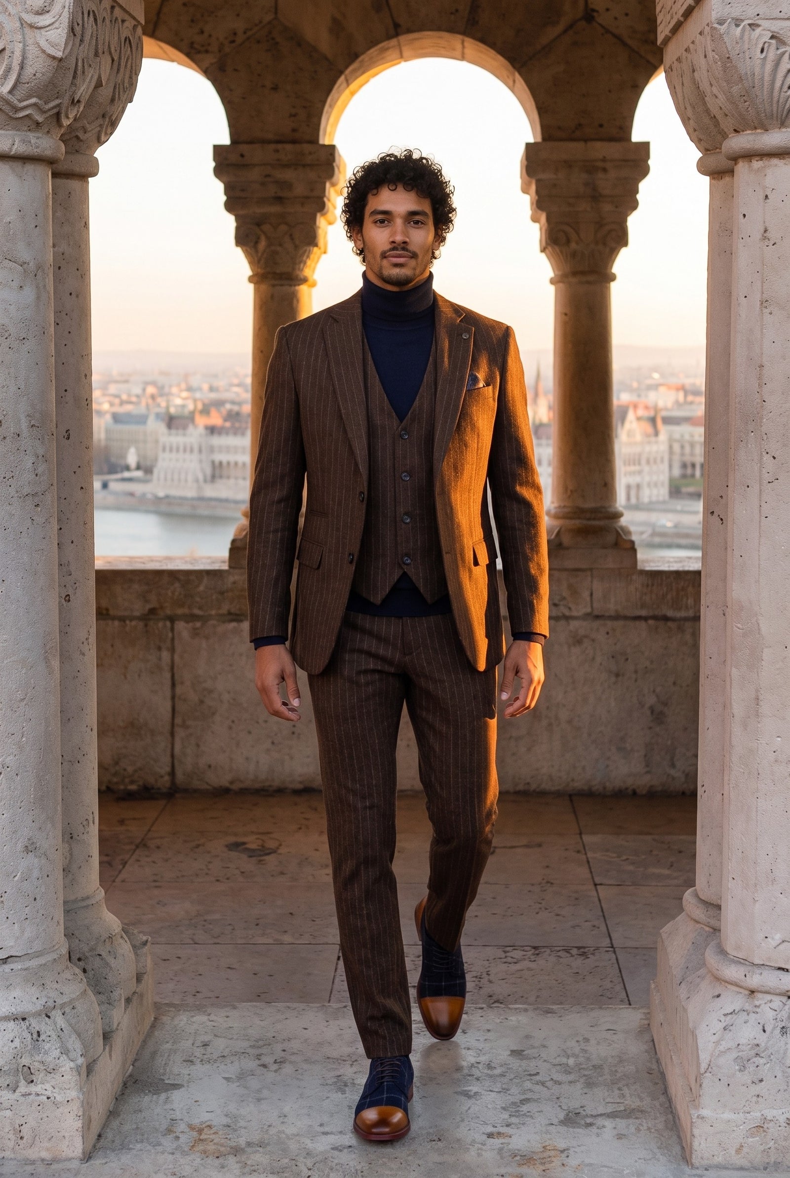 Look #959 styled with Vīriešu brūns svītrains, pieguļošs trīsdaļīgs uzvalks