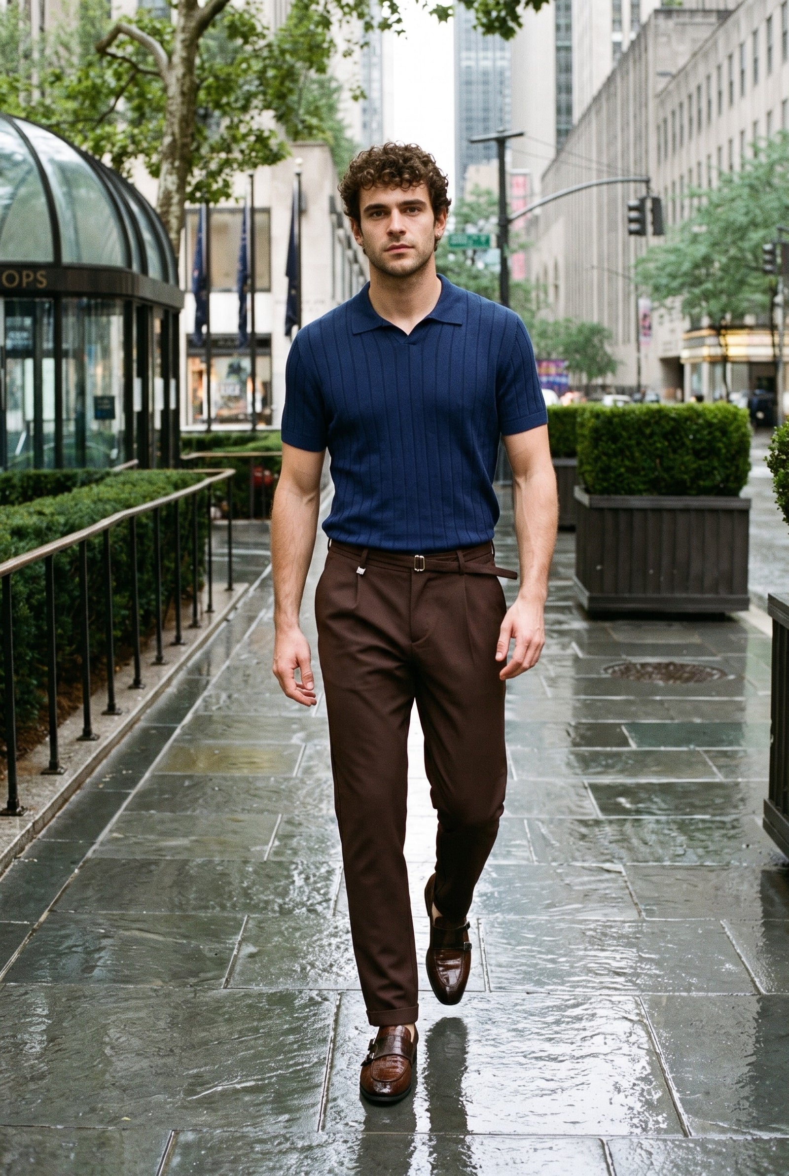 Look #907 styled with Vīriešu tumši zils rievota adījuma polo krekls