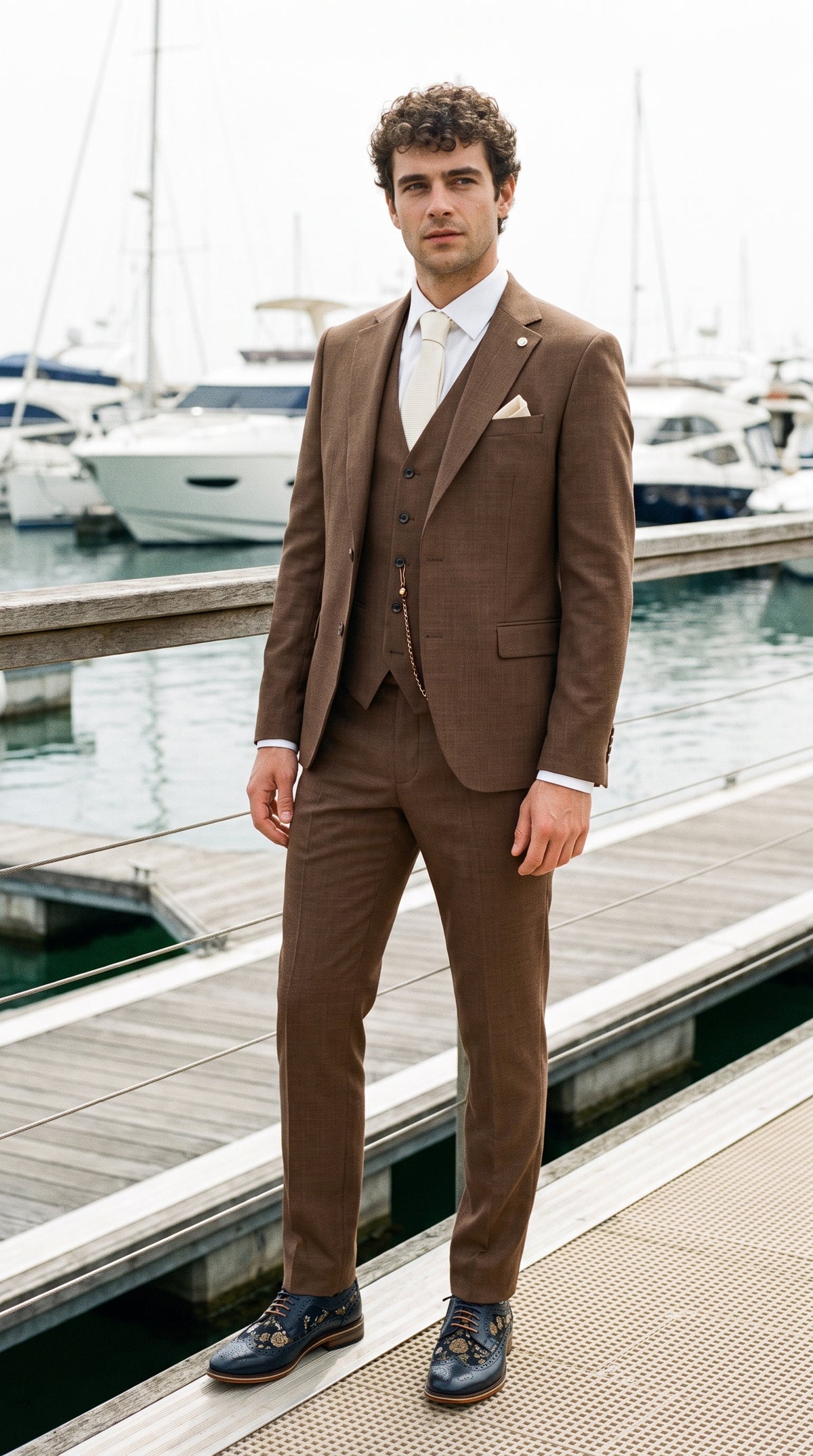Look #307 styled with Džeimsa vīriešu trīsdaļīgs vienkāršs brūns uzvalks ar klasisku piegriezumu