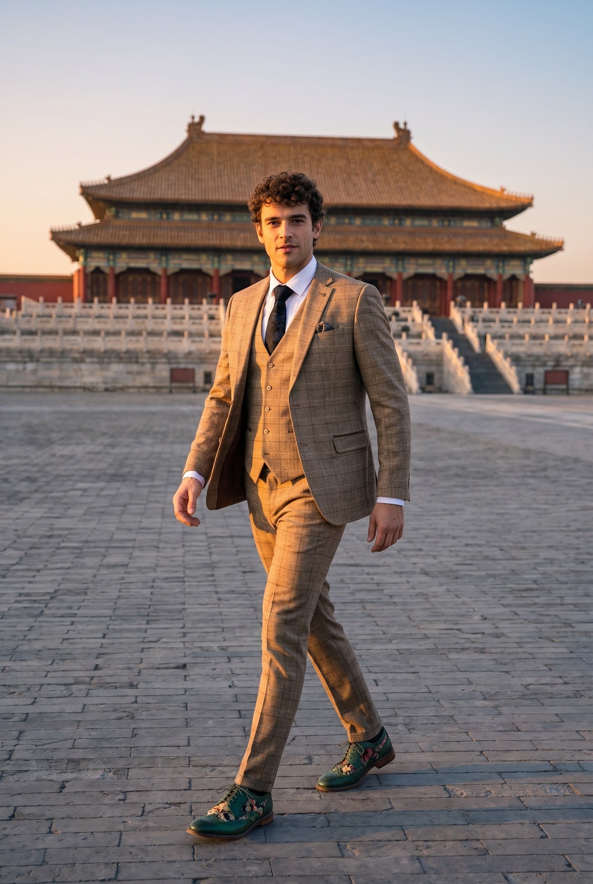 Look #278 styled with Liam - vīriešu trīsdaļīgs brūns rūtainais uzvalks
