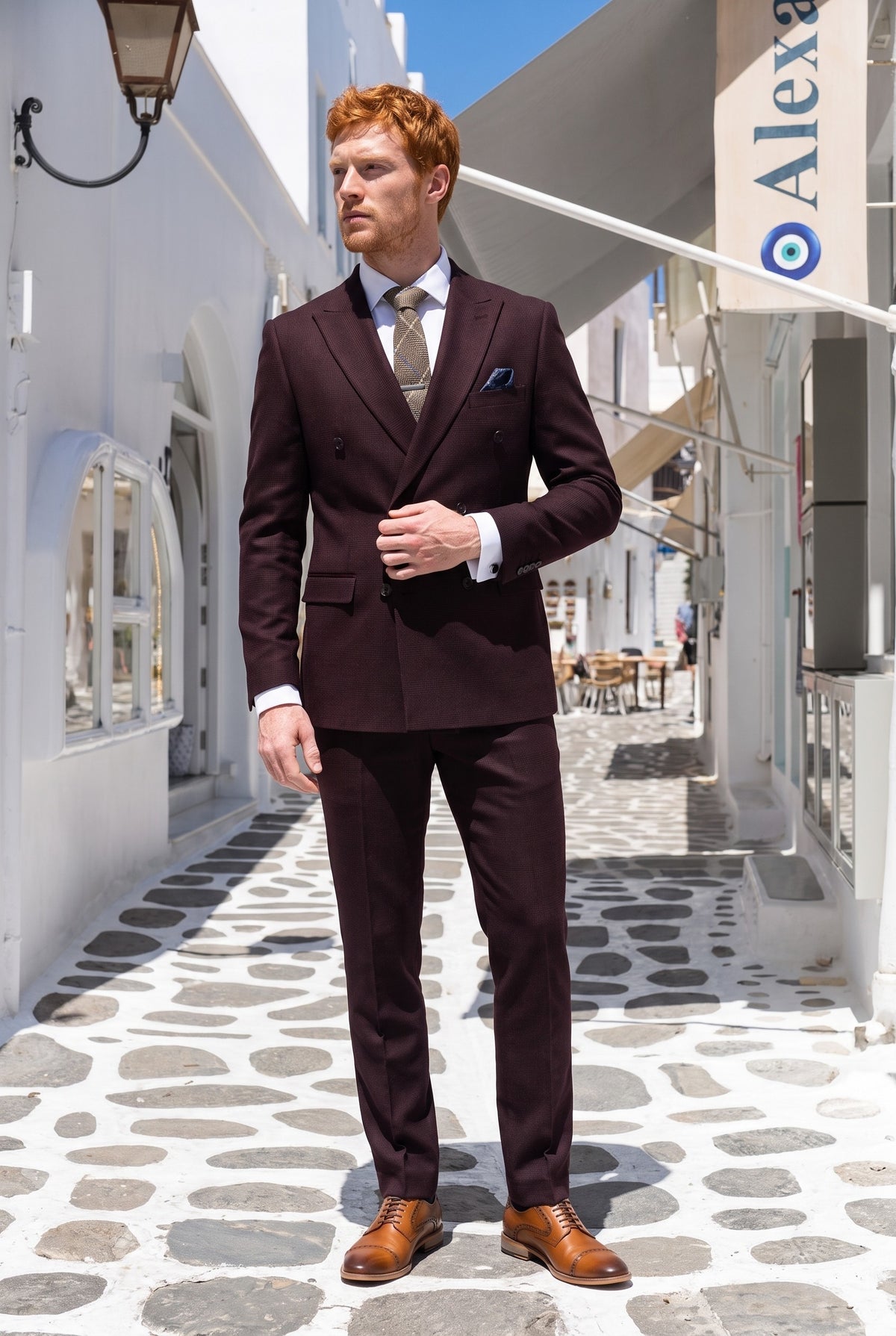 Look #732 styled with Regent - vīriešu bordo divdaļīgs uzvalks ar dubultrindu