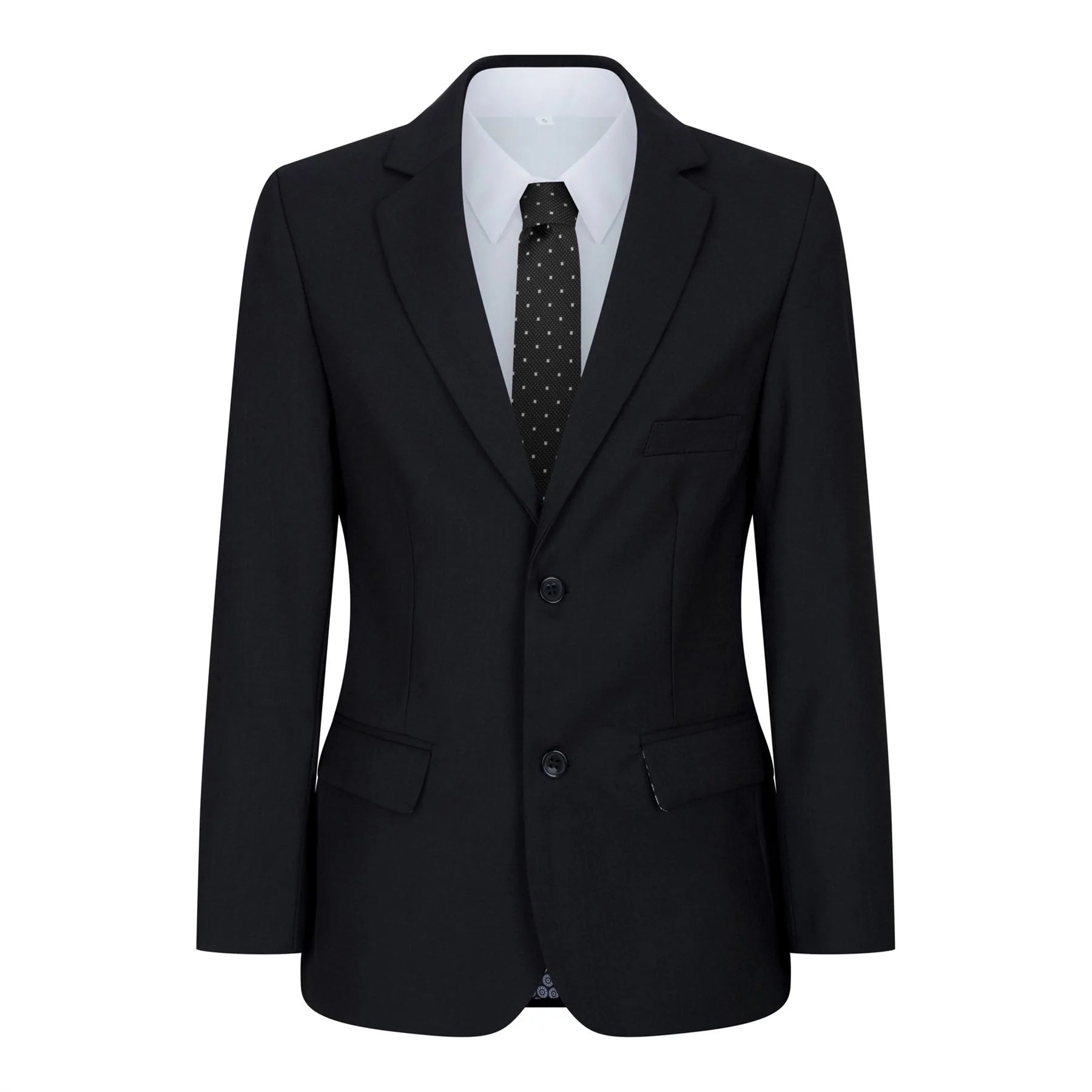 Zēnu melns 5 daļu uzvalks, žakete, veste, krekls, kaklasaites, bikses, kāzas, bēres