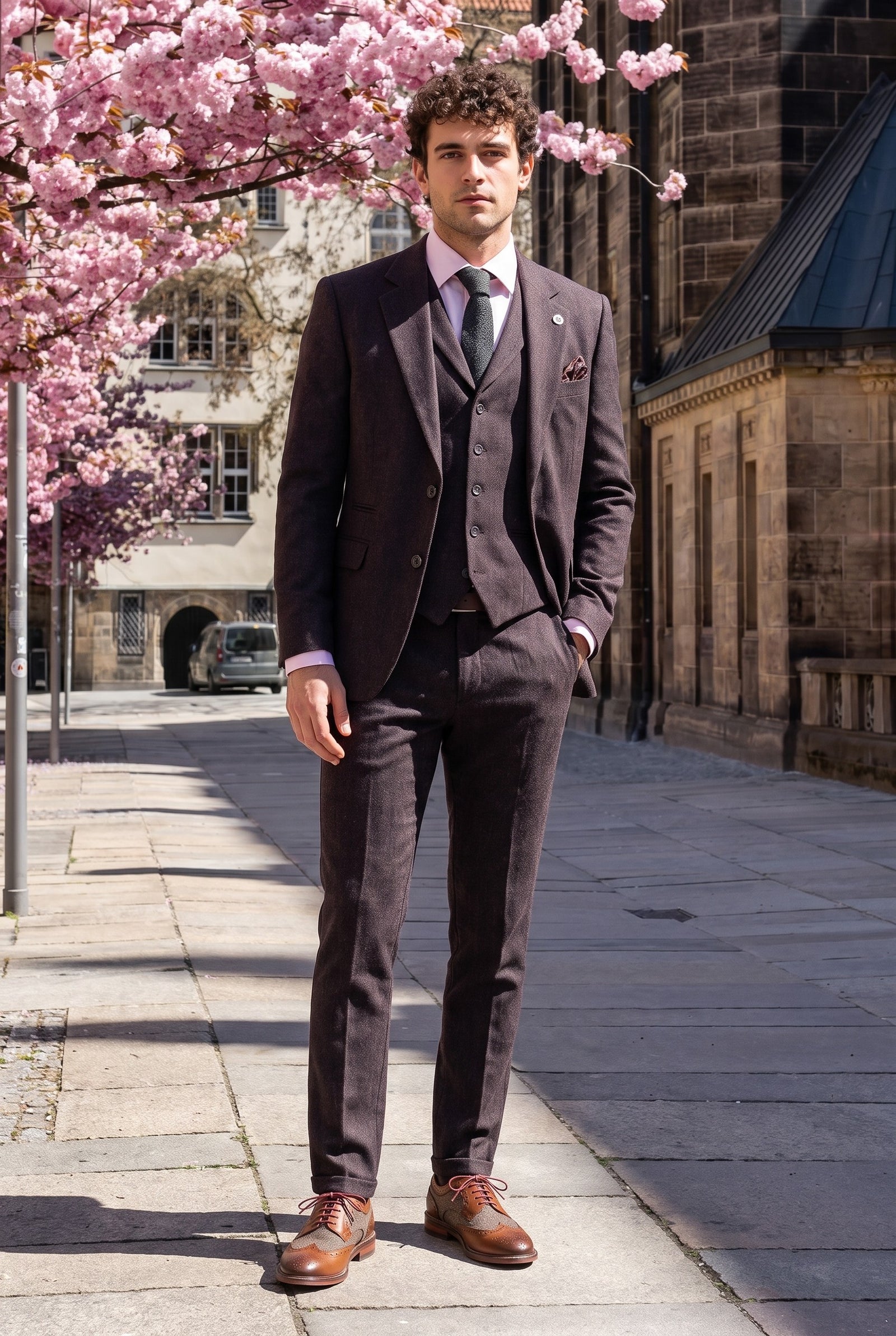 Look #992 styled with Vīriešu plūmju krāsas tvīda trīsdaļīgs uzvalks ar "siļķu kaula" rakstu