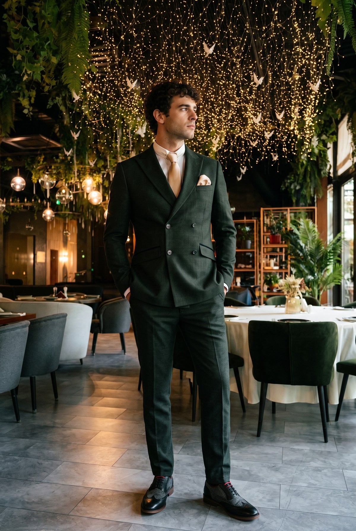Look #784 styled with Caridi - vīriešu divdaļīgs olīvzaļš uzvalks ar divām rindām