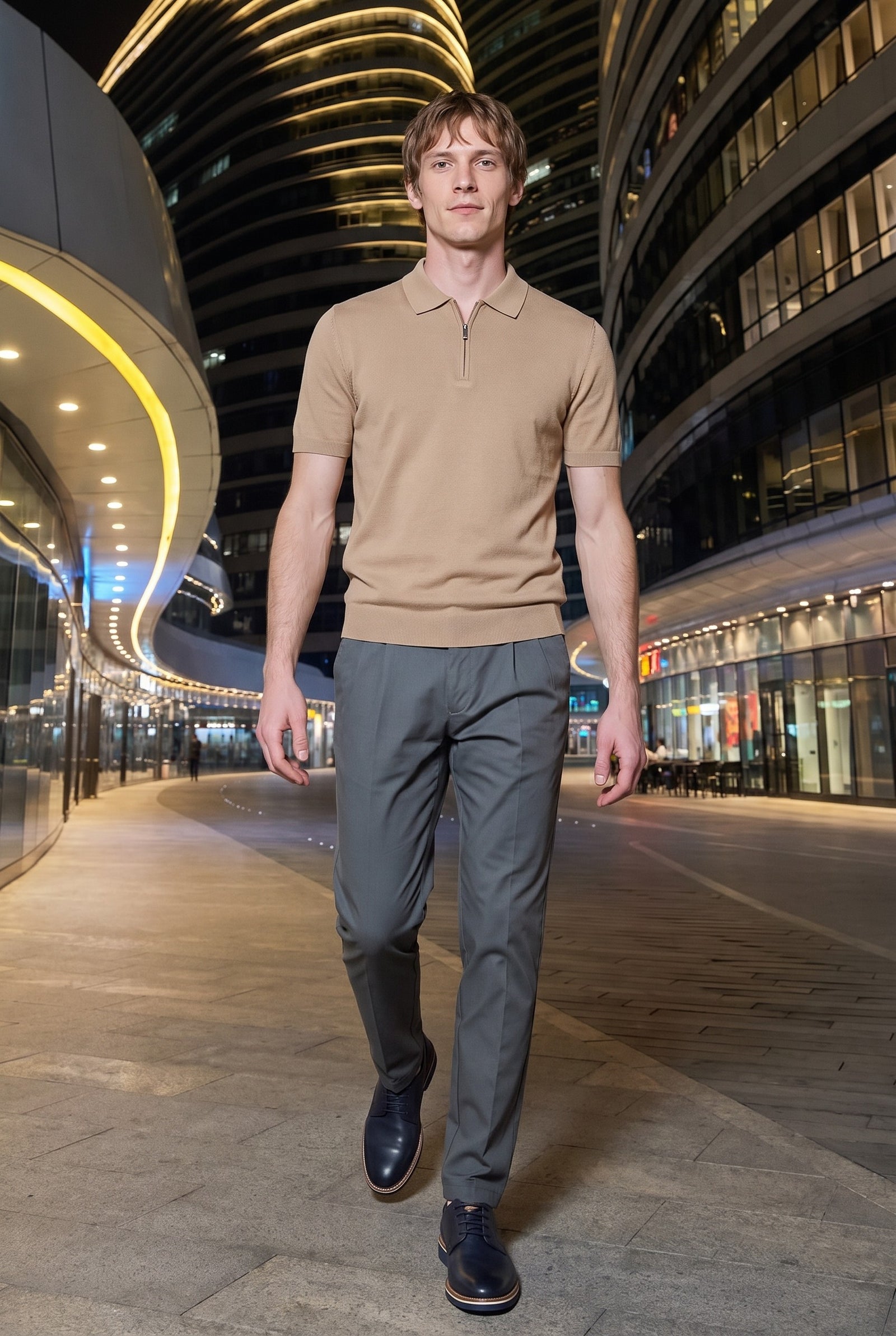 Look #977 styled with Bēšs, adīts polo krekls ar rāvējslēdzēja apkakli vīriešiem