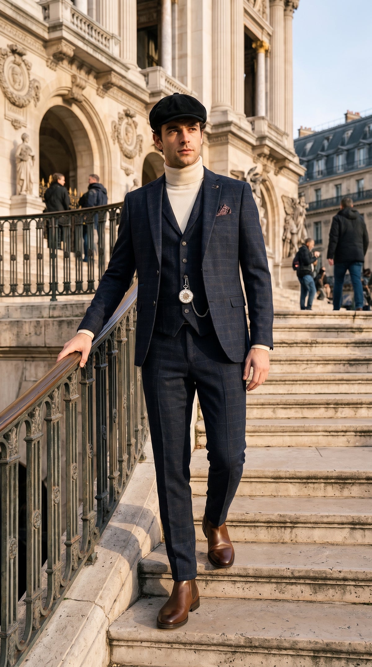 Look #133 styled with Ryan vīriešu tumši zils trīsdaļīgs tvīda uzvalks ar pieguļošu piegriezumu