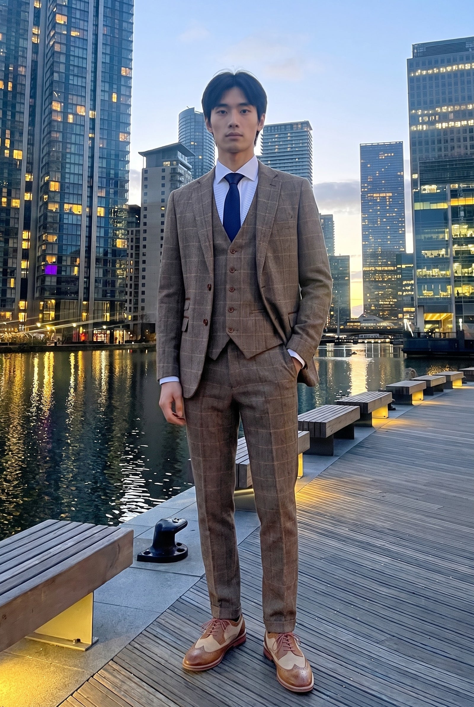 Look #536 styled with Harris - vīriešu brūns trīsdaļīgs tvīda uzvalks ar skujiņas rakstu un rūtainu rakstu