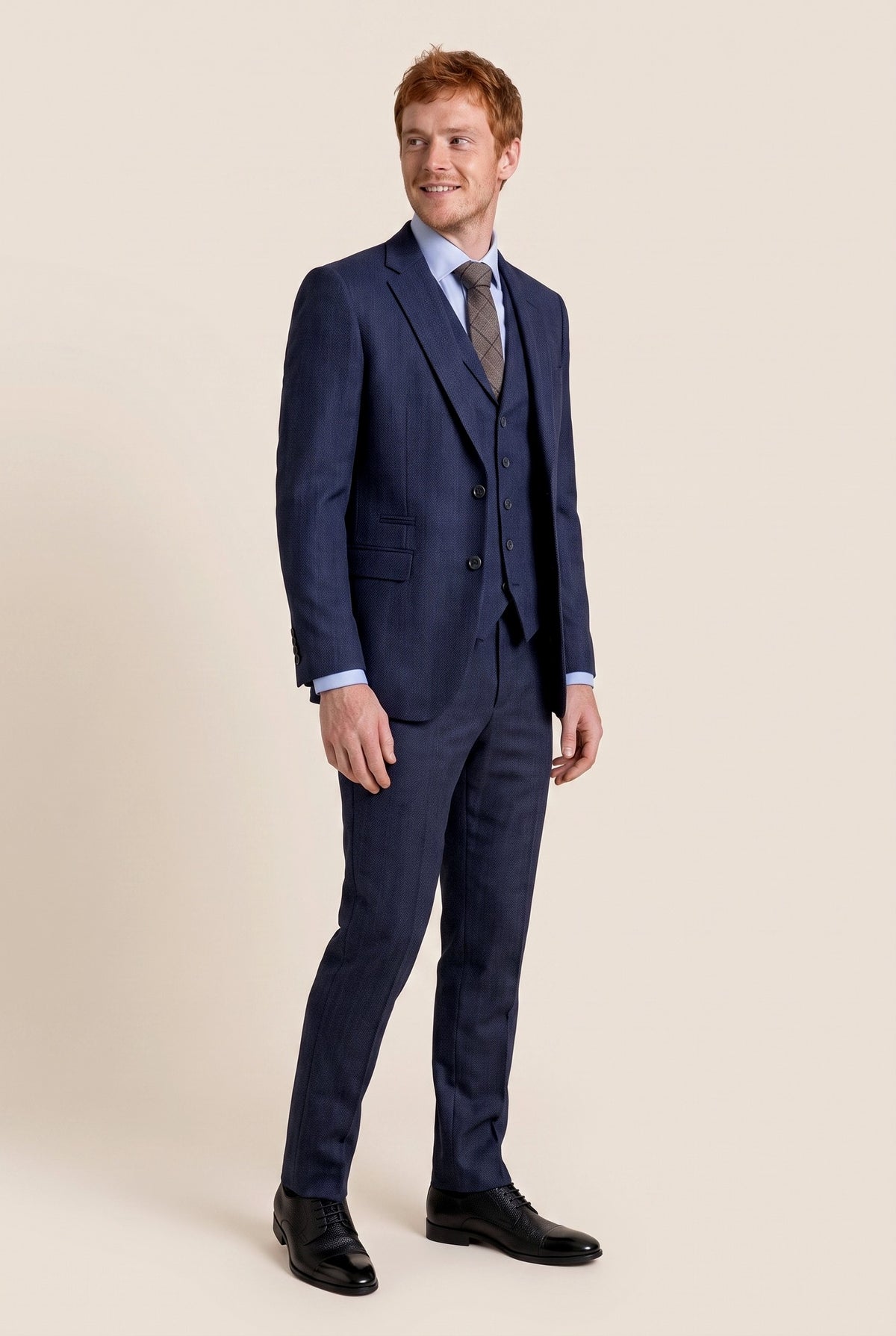 Look #987 styled with Vīriešu tumši zils trīsdaļīgs tvīda uzvalks ar "siļķu kaula" rakstu