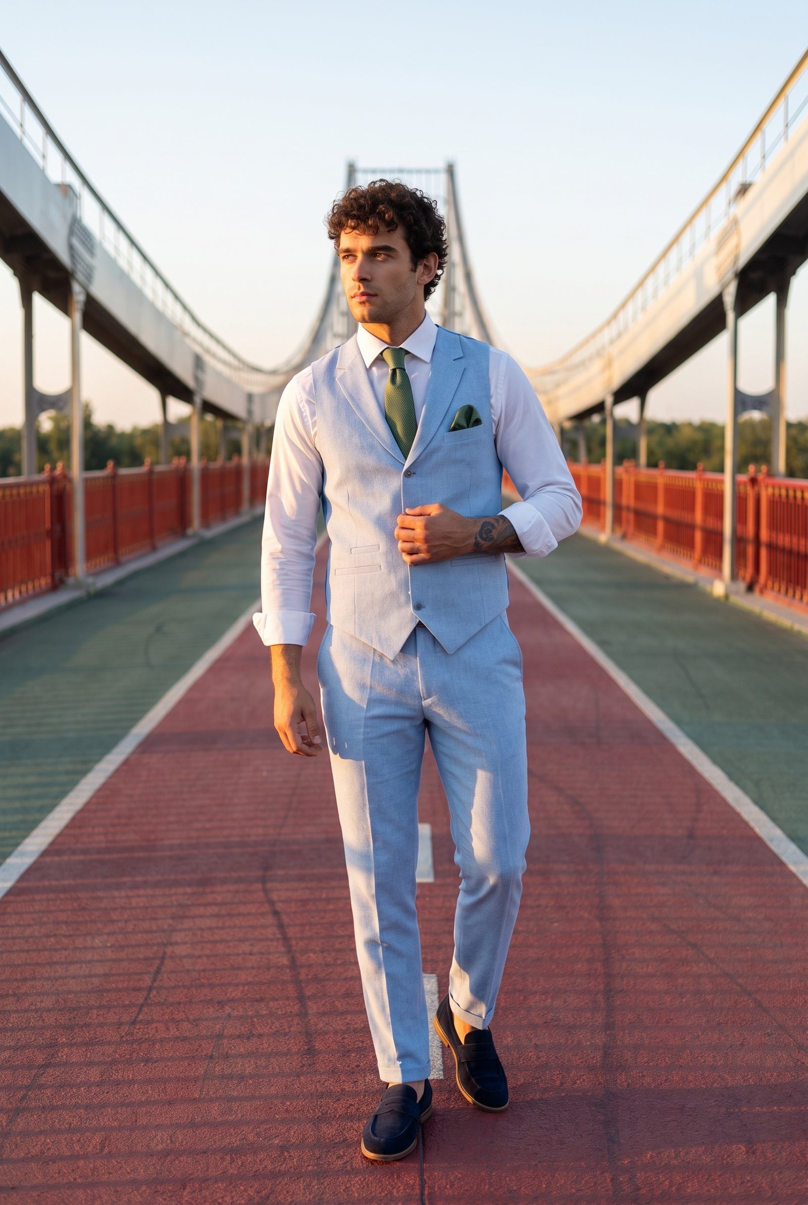 Look #886 styled with TP-13 - Vīriešu vasaras uzvalka veste, bikses, lins, formāls, gaiši zils, kāzu tērps