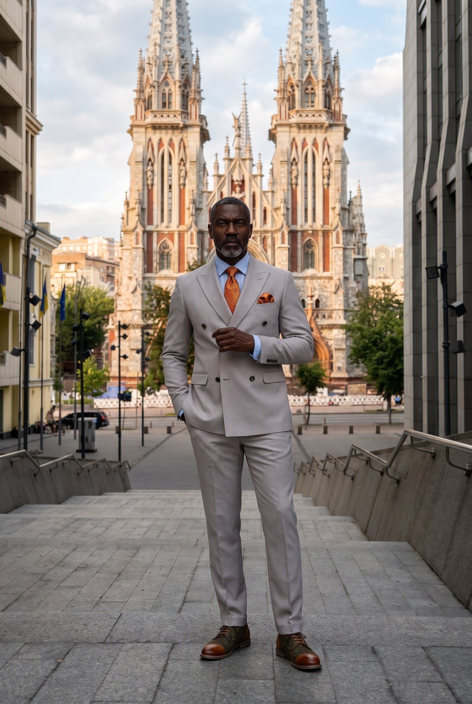 Look #655 styled with Mayfair - vīriešu divdaļīgs akmens krāsas uzvalks ar dubultbrilles