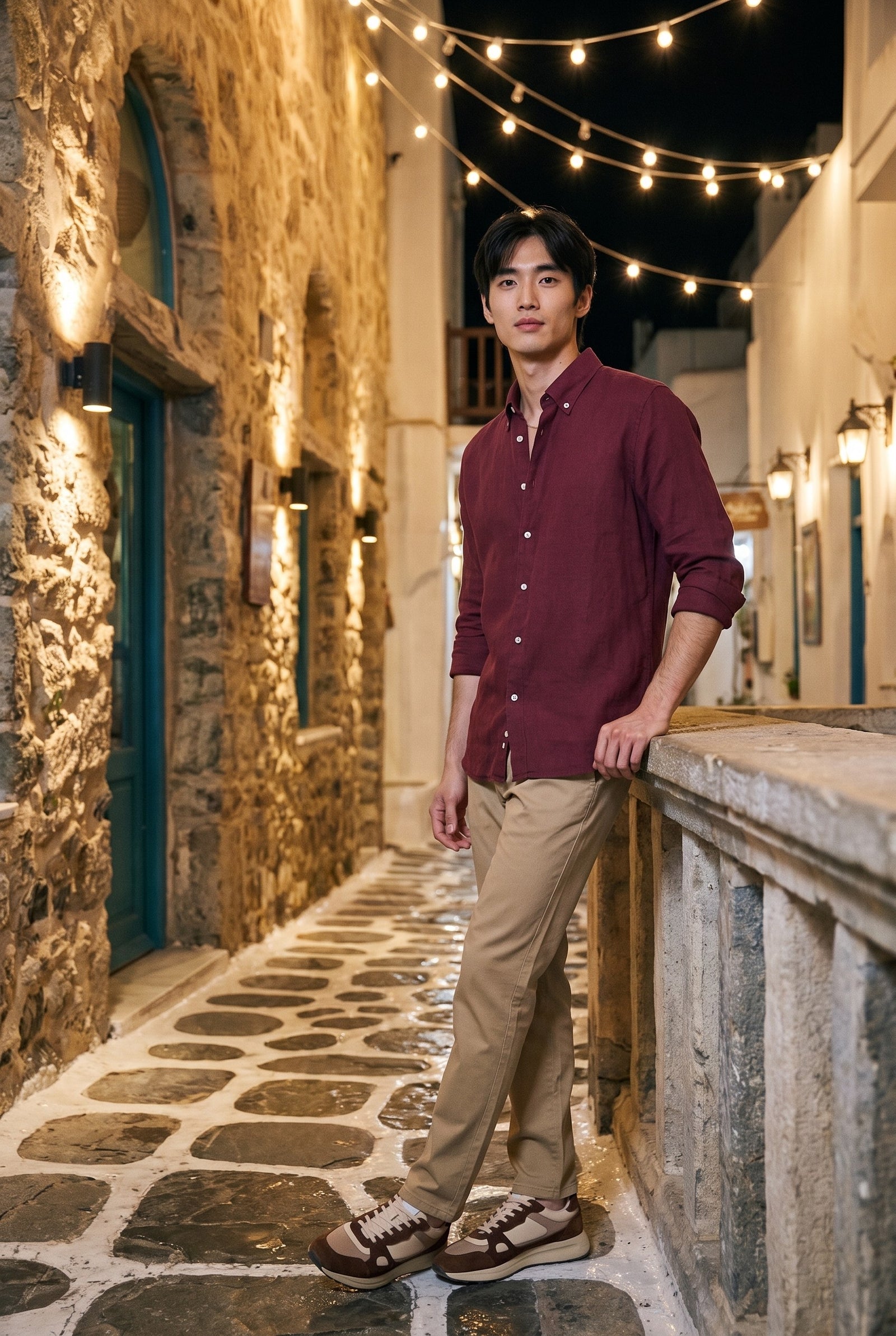 Look #1031 styled with Vīriešu haki krāsas lina maisījuma chino bikses no tencel kokvilnas plāna vasaras materiāla