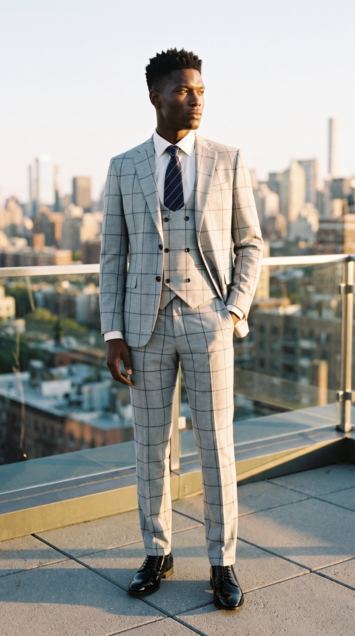 Look #332 styled with Gaiši pelēks rūtainais trīsdaļīgais uzvalks