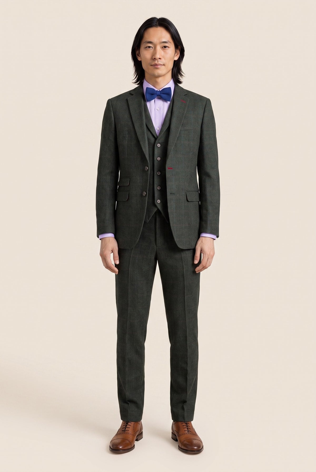 Look #1003 styled with Joshua vīriešu trīsdaļīgs zaļš tvīda uzvalks ar pieguļošu piegriezumu