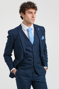 Vīriešu tumši zils trīsdaļīgs uzvalks ar putnu acu efektu, kāzu, izlaiduma, formāls, elegants, klasisks