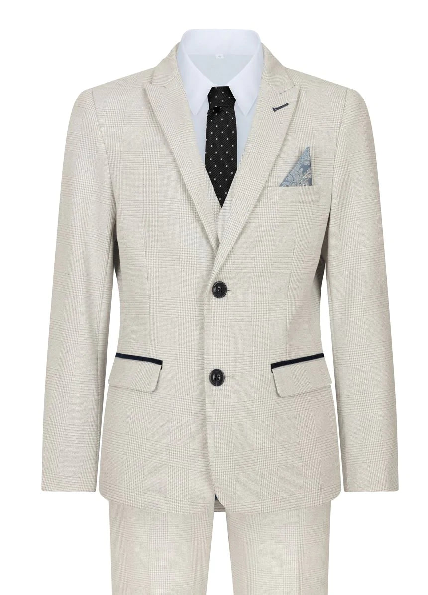 Zēnu trīsdaļīgs krēmkrāsas tvīda uzvalks kāzām, ballītēm, rūtains, pieguļošs, elegants, formāls