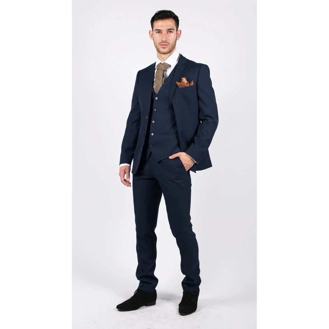 Vīriešu tumši zils trīsdaļīgs uzvalks, pieguļošs, elegants, formāls, klasisks, kāzu, retro, vintage stils