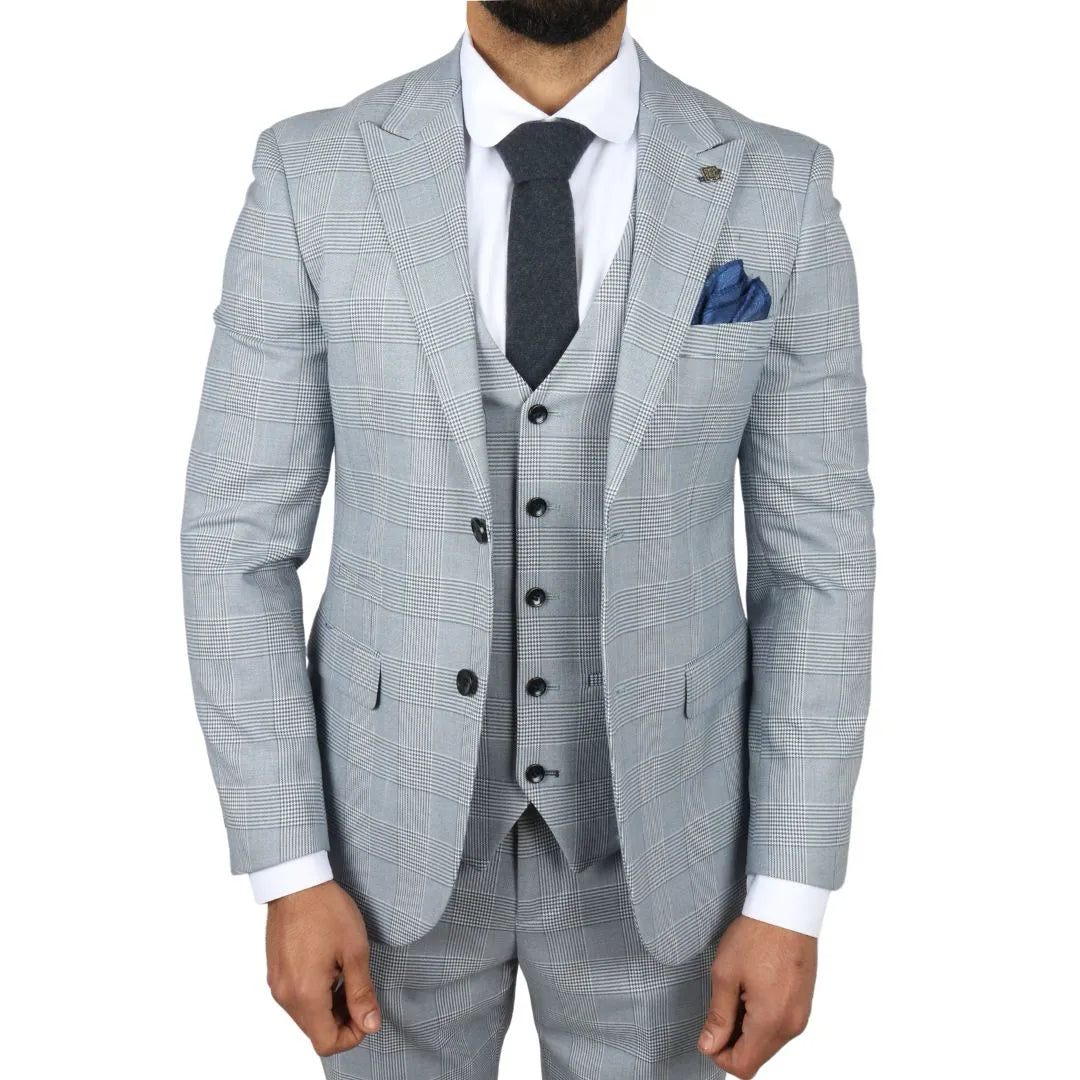 Mark vīriešu gaiši zils trīsdaļīgs tvīda rūtainais, pieguļošs uzvalks