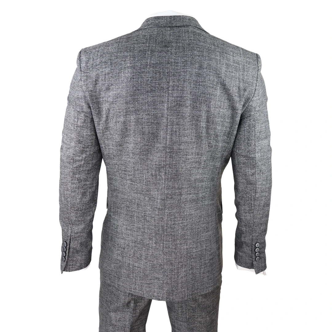 Vīriešu trīsdaļīgs uzvalks, pelēks, melns, teksturēts, pieguļošs, kāzu, izlaiduma, ballītes, elegants, formāls