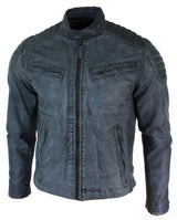 Īstas, mazgātas ādas, pieguļoša, retro stila, vīriešu baikeru jaka ar rāvējslēdzēju, dzeltenbrūna, zila, urbāni-zulu zila