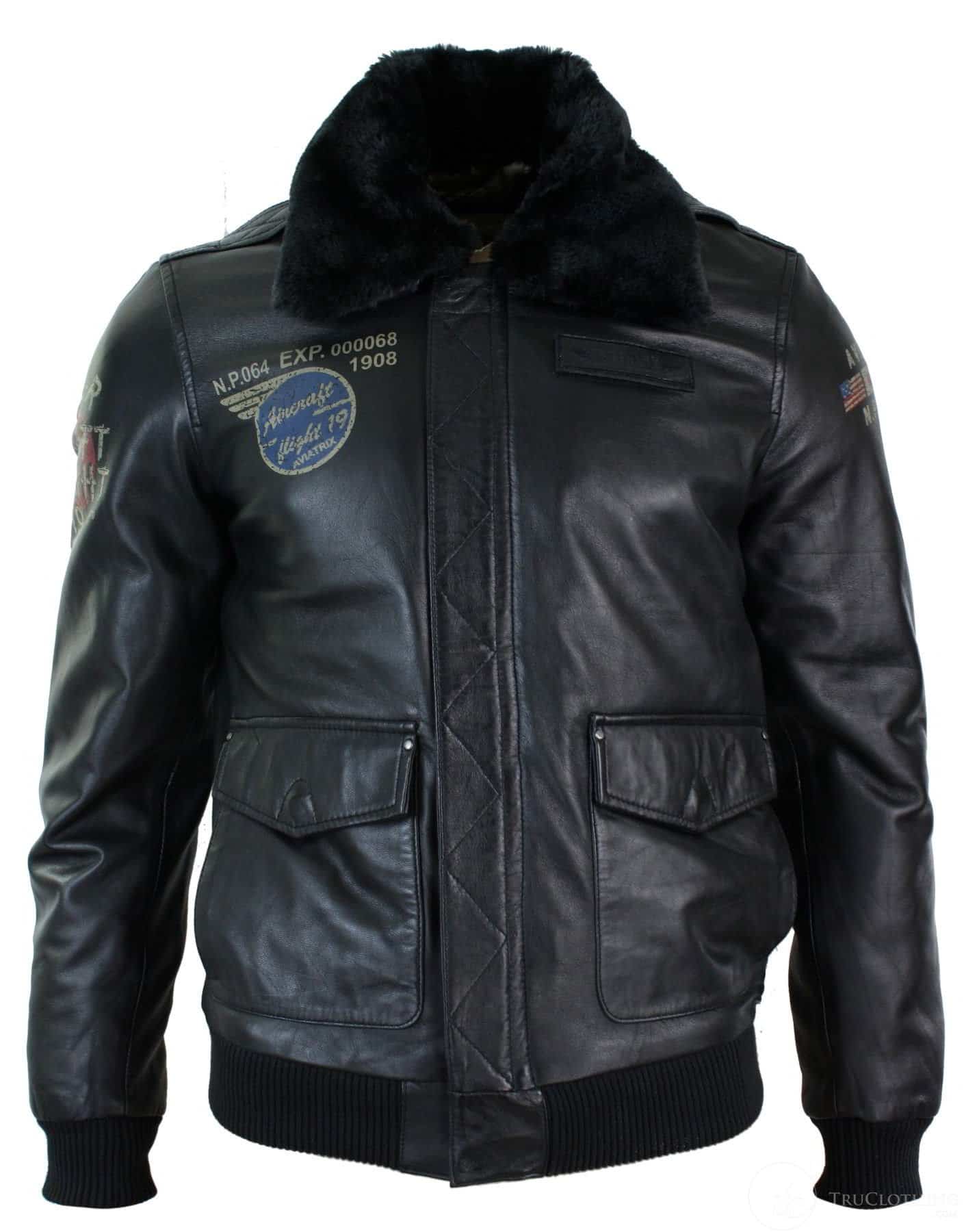 Vīriešu īstas ādas melna aviatora kažokādas apkakles pilota jaka Slim Fit Bomber jaka