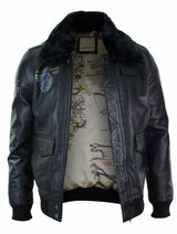 Vīriešu īstas ādas melna aviatora kažokādas apkakles pilota jaka Slim Fit Bomber jaka