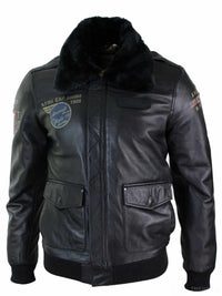 Vīriešu īstas ādas melna aviatora kažokādas apkakles pilota jaka Slim Fit Bomber jaka