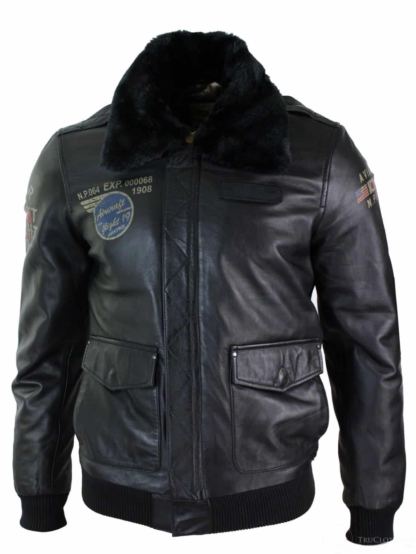 Vīriešu īstas ādas melna aviatora kažokādas apkakles pilota jaka Slim Fit Bomber jaka