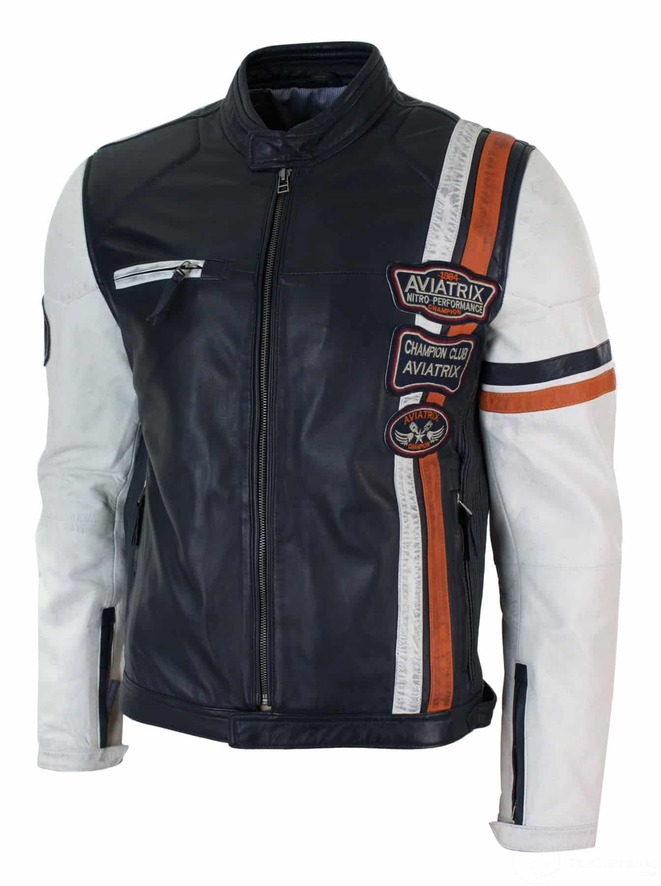 Īstas ādas retro vintage tumši zila balta vīriešu baikeru jaka ar nozīmīšu dizainu ikdienas lietošanai