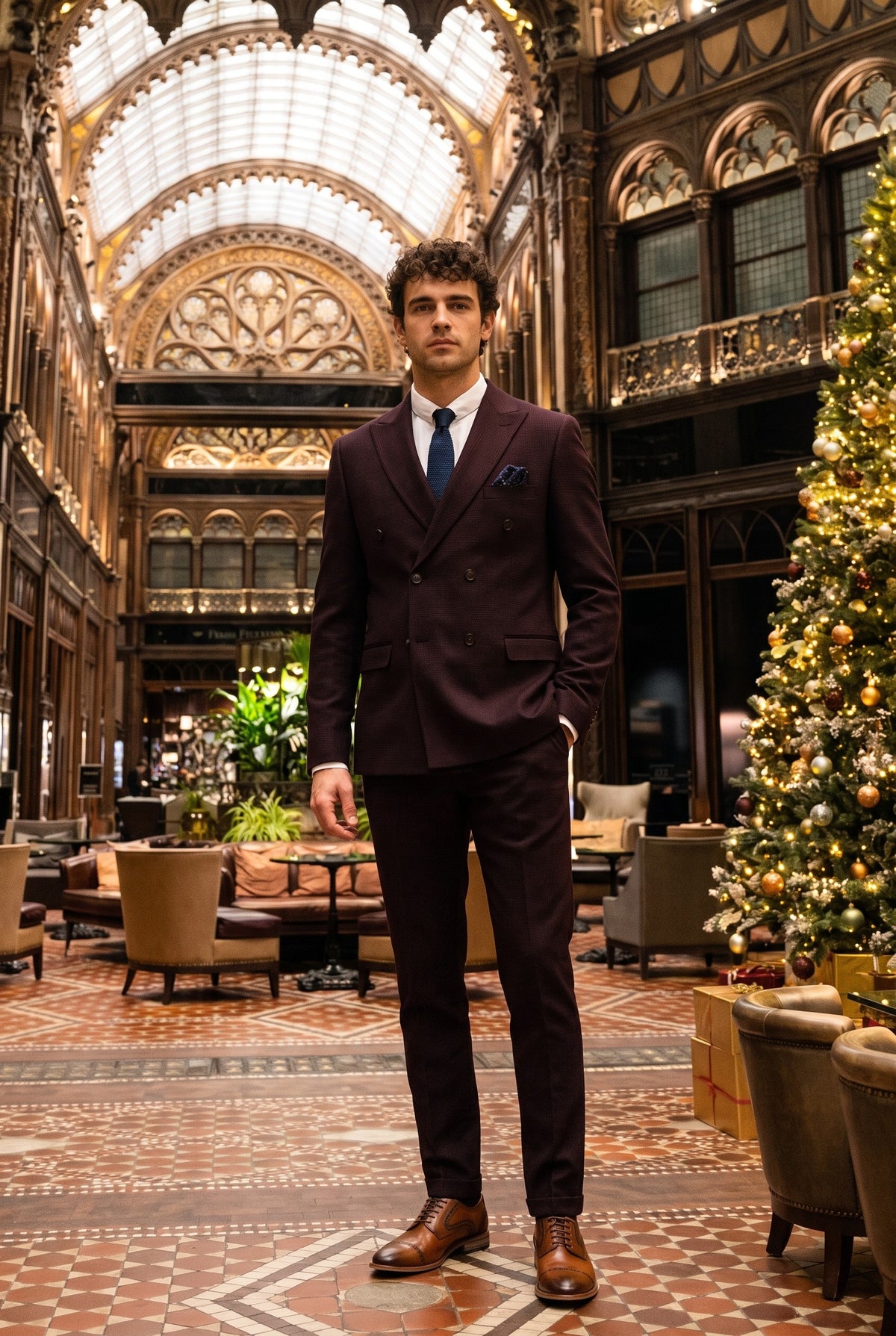 Look #581 styled with Regent - vīriešu bordo divdaļīgs uzvalks ar dubultrindu