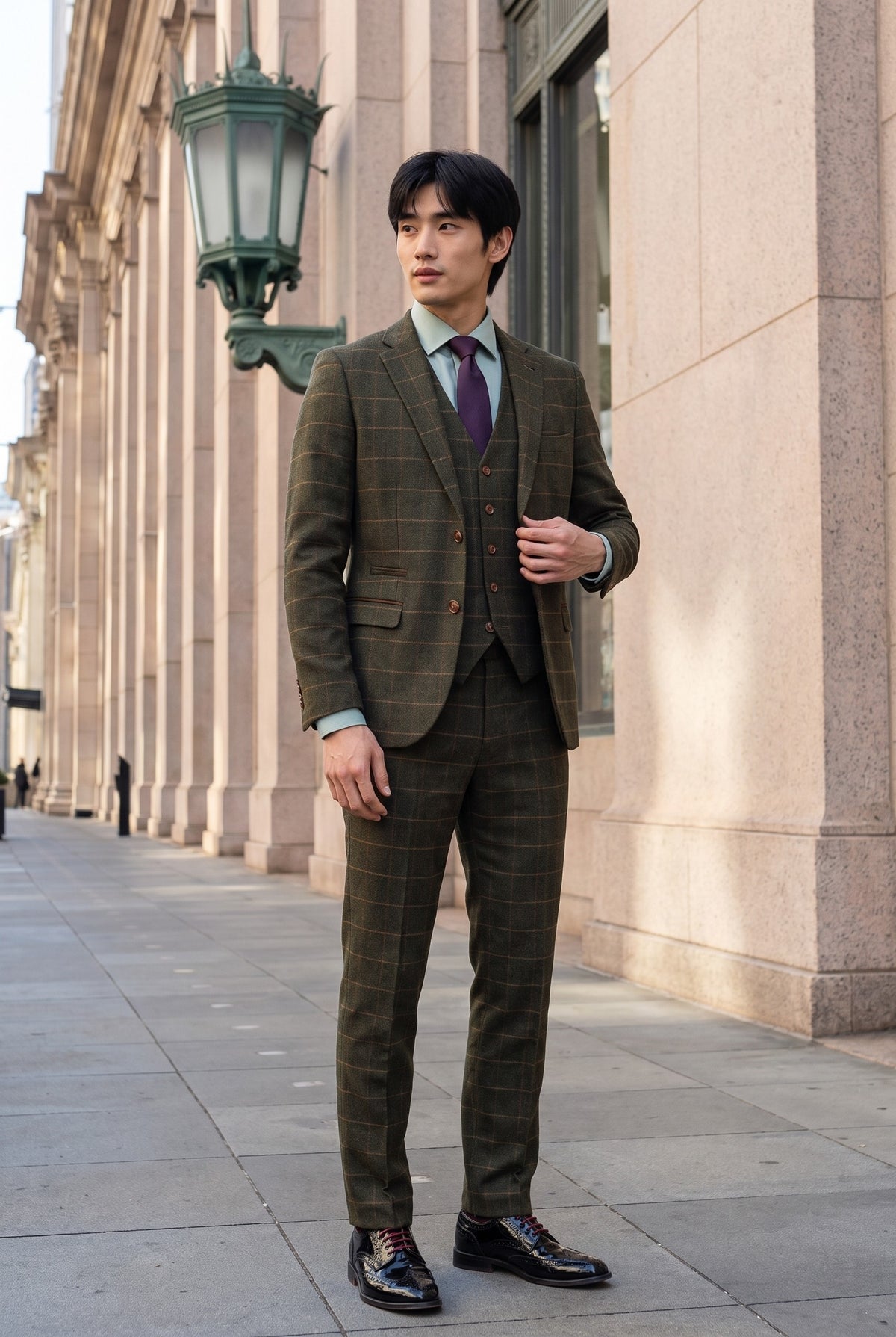 Look #509 styled with Harris - zaļš trīsdaļīgs vilnas maisījuma tvīda uzvalks vīriešiem
