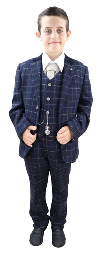 Zēnu tumši zils rūtains trīsdaļīgs uzvalks - Peaky Blinders Suit Shelby