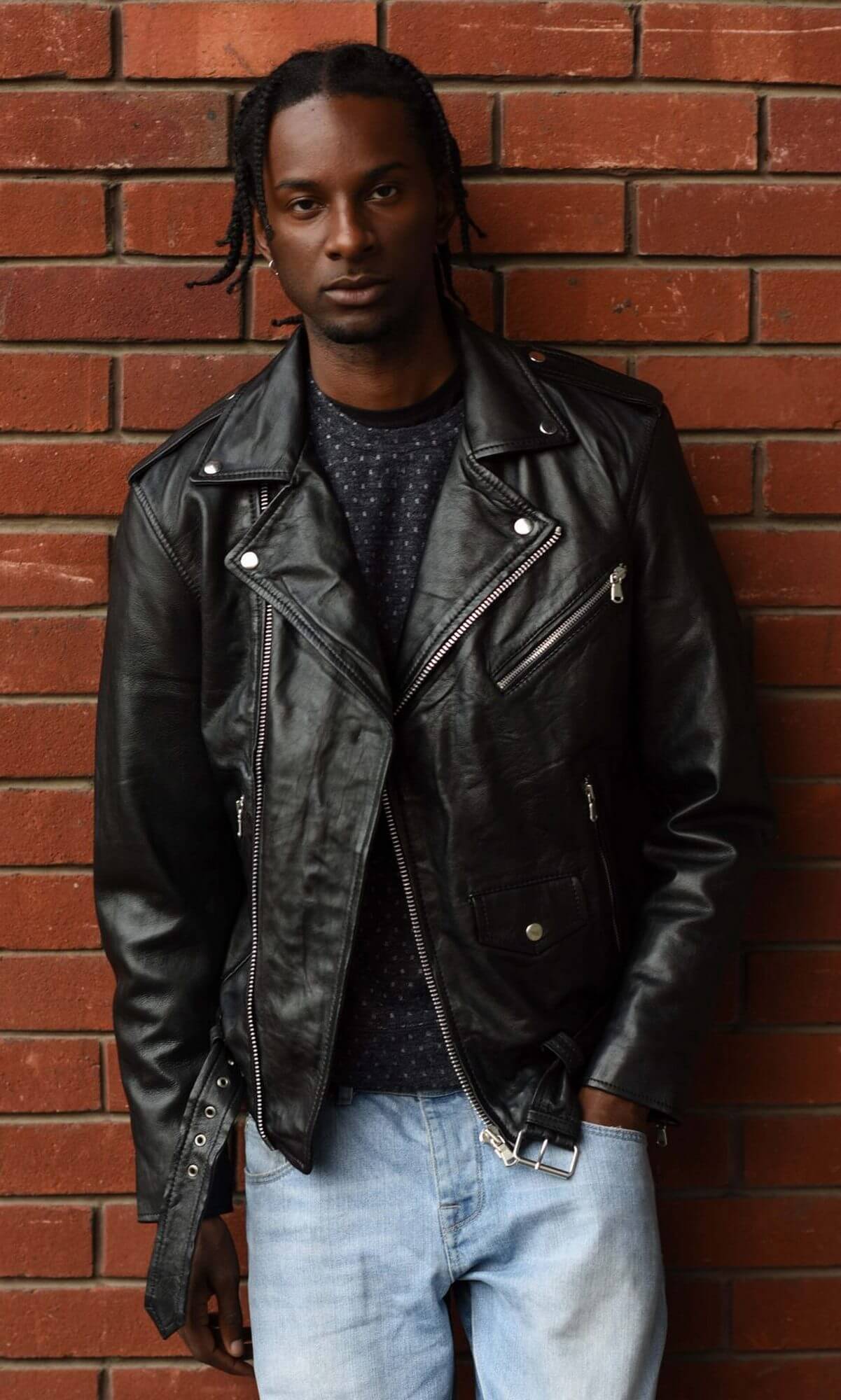 Īstas ādas Brando - vīriešu Brando jaka ar krustenisku rāvējslēdzēju - melna