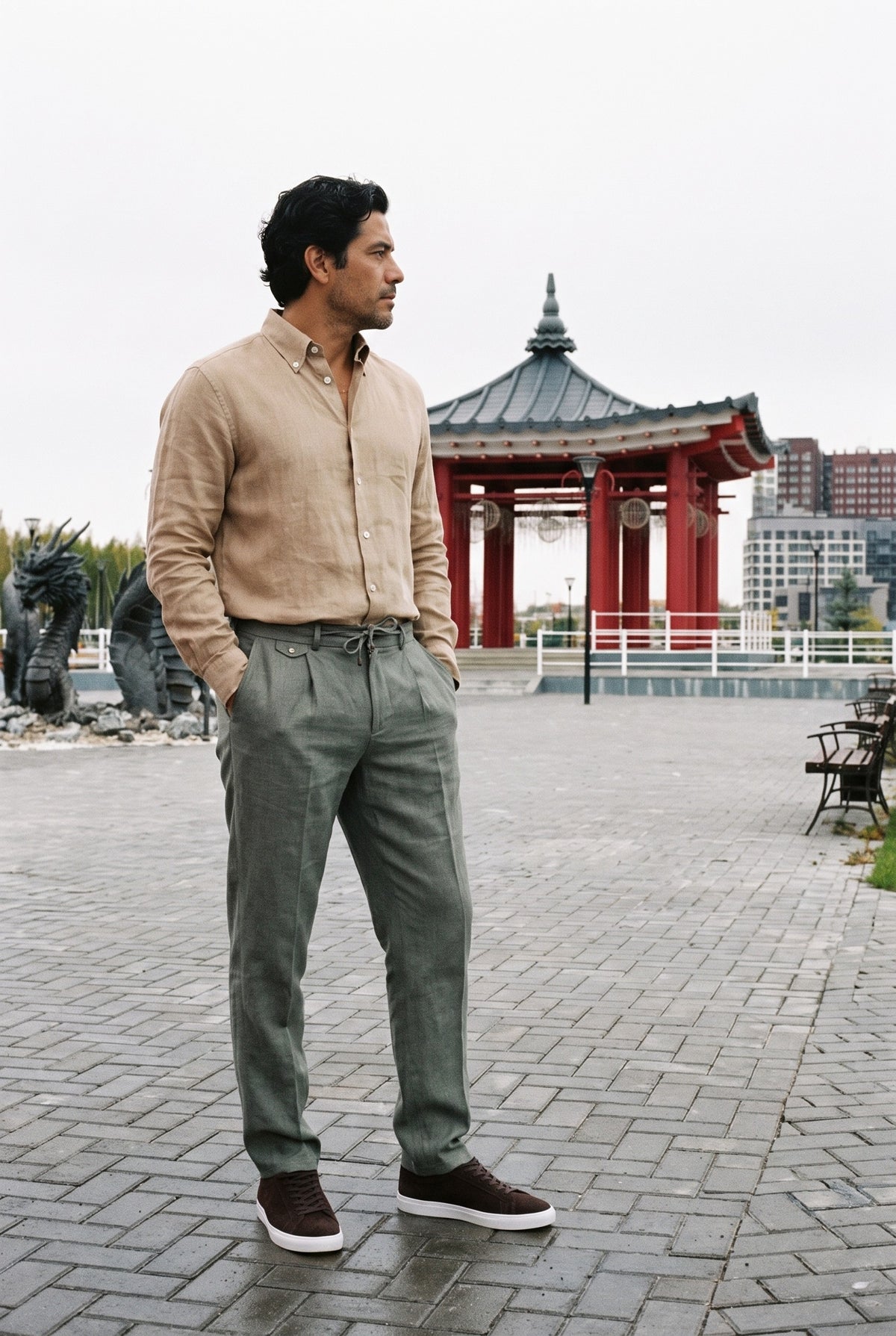 Look #1030 styled with Vīriešu kamieļbrūns tīra lina krekls ar garām piedurknēm, pogājams vasaras krekls