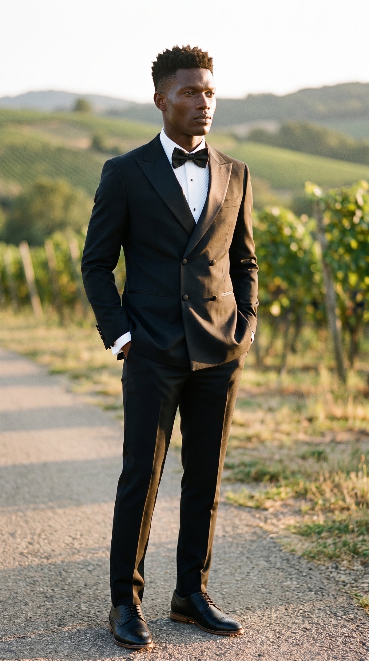 Look #801 styled with Aspen - vīriešu melns divdaļīgs smokinga uzvalks ar dubultrindu