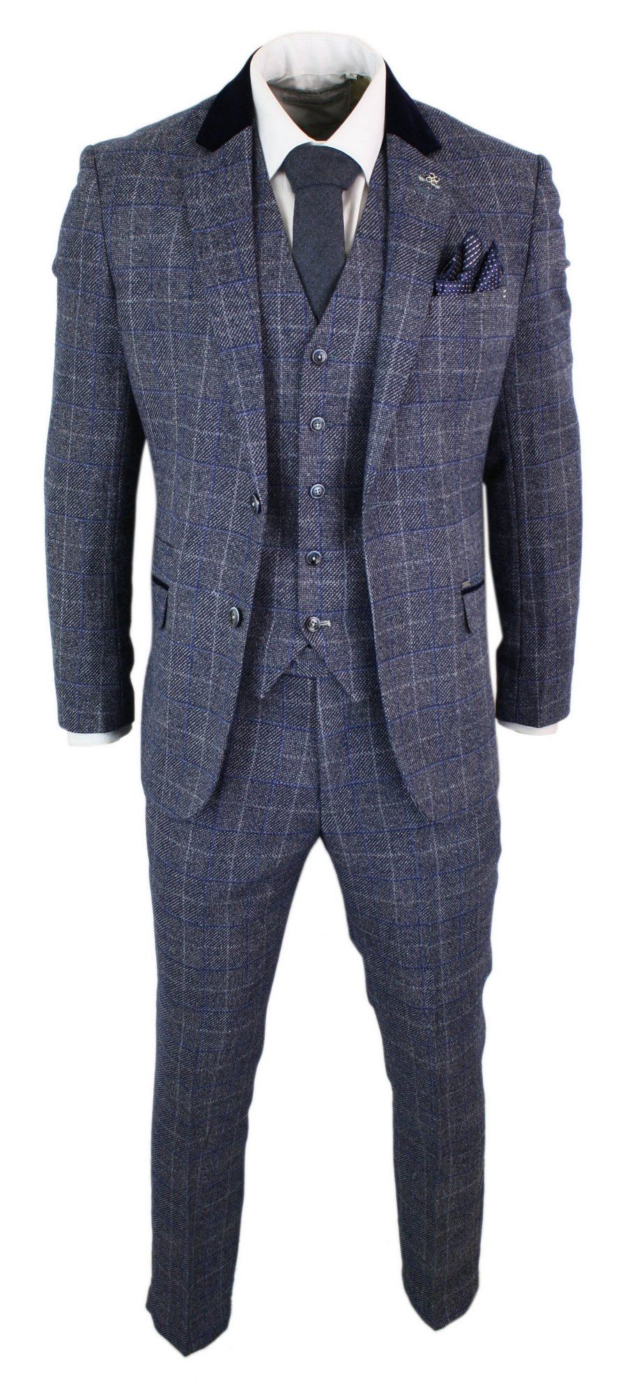 Cavani Miles - vīriešu zili tumši zils trīsdaļīgs tvīda uzvalks ar "Herringbone" rakstu, vintage Peaky Blinders, 1920. gadu retro raksts