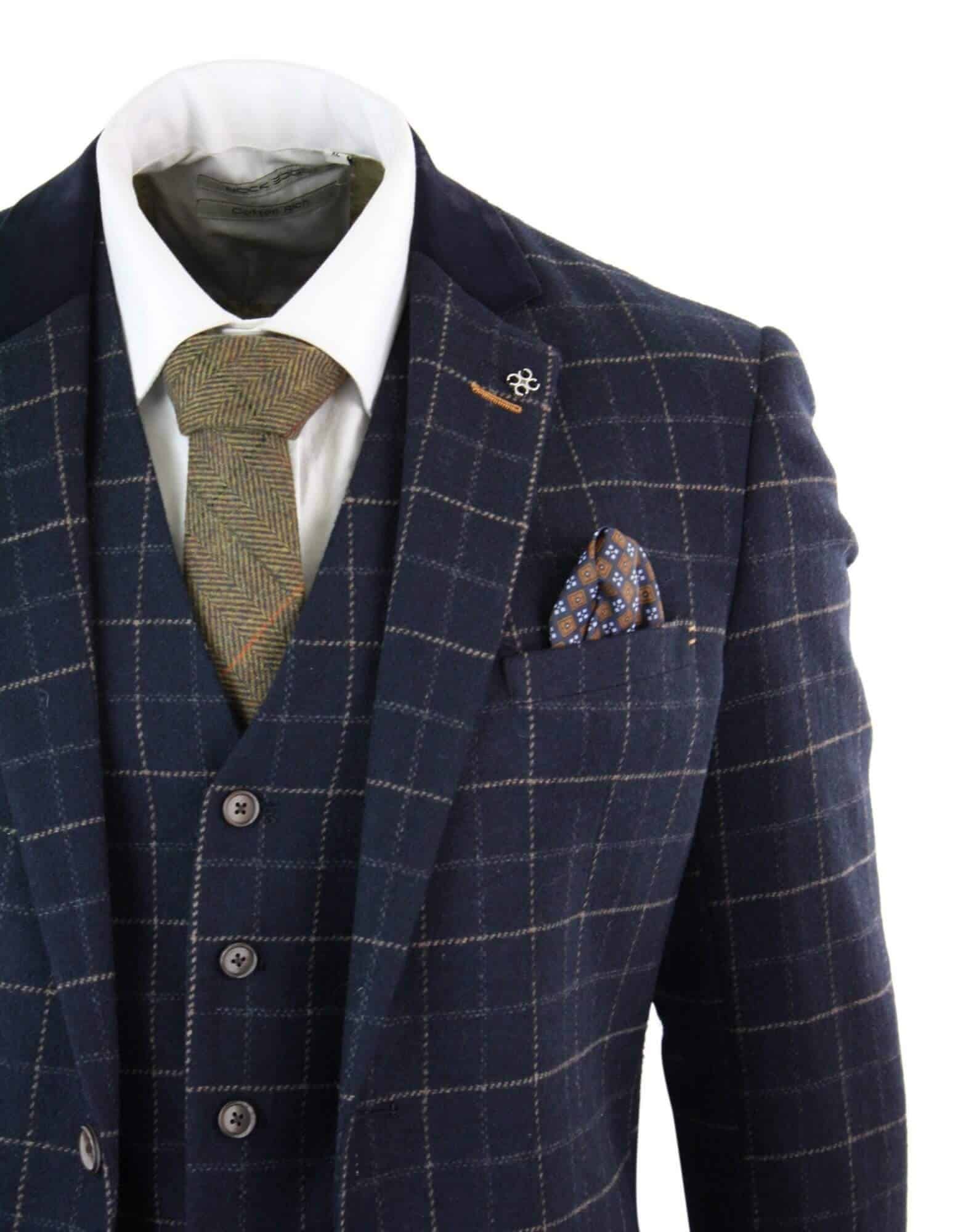Cavani Shelby - vīriešu tumši zils trīsdaļīgs rūtainais uzvalks ar "siļķu kaula" rakstu, vintage retro stila Peaky Blinders tvīda audums