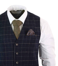 Cavani Shelby - vīriešu tumši zils trīsdaļīgs rūtainais uzvalks ar "siļķu kaula" rakstu, vintage retro stila Peaky Blinders tvīda audums