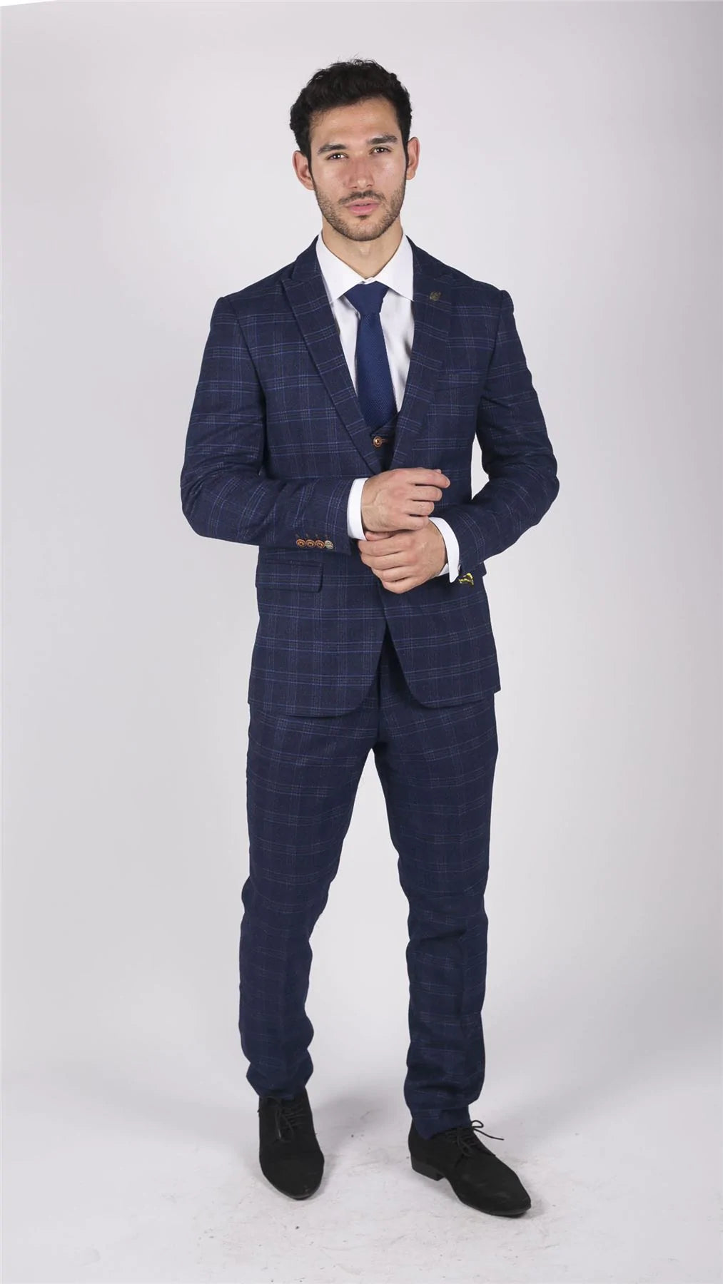 Vīriešu Marc Darcy zils rūtains Velsas prinča trīsdaļīgs uzvalks, elegants, ikdienas, pieguļošs, Chigwell