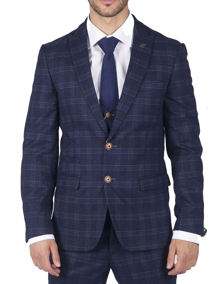 Vīriešu Marc Darcy zils rūtains Velsas prinča trīsdaļīgs uzvalks, elegants, ikdienas, pieguļošs, Chigwell