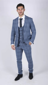 Vīriešu Marc Darcy gaiši zils, tumši zils, rūtains, trīsdaļīgs uzvalks, elegants, ikdienas, tvīda, pieguļošs, Clinton