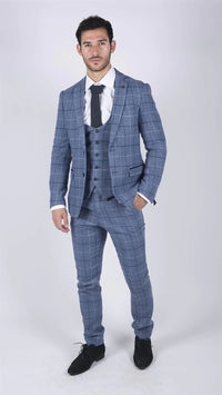 Vīriešu Marc Darcy gaiši zils, tumši zils, rūtains, trīsdaļīgs uzvalks, elegants, ikdienas, tvīda, pieguļošs, Clinton