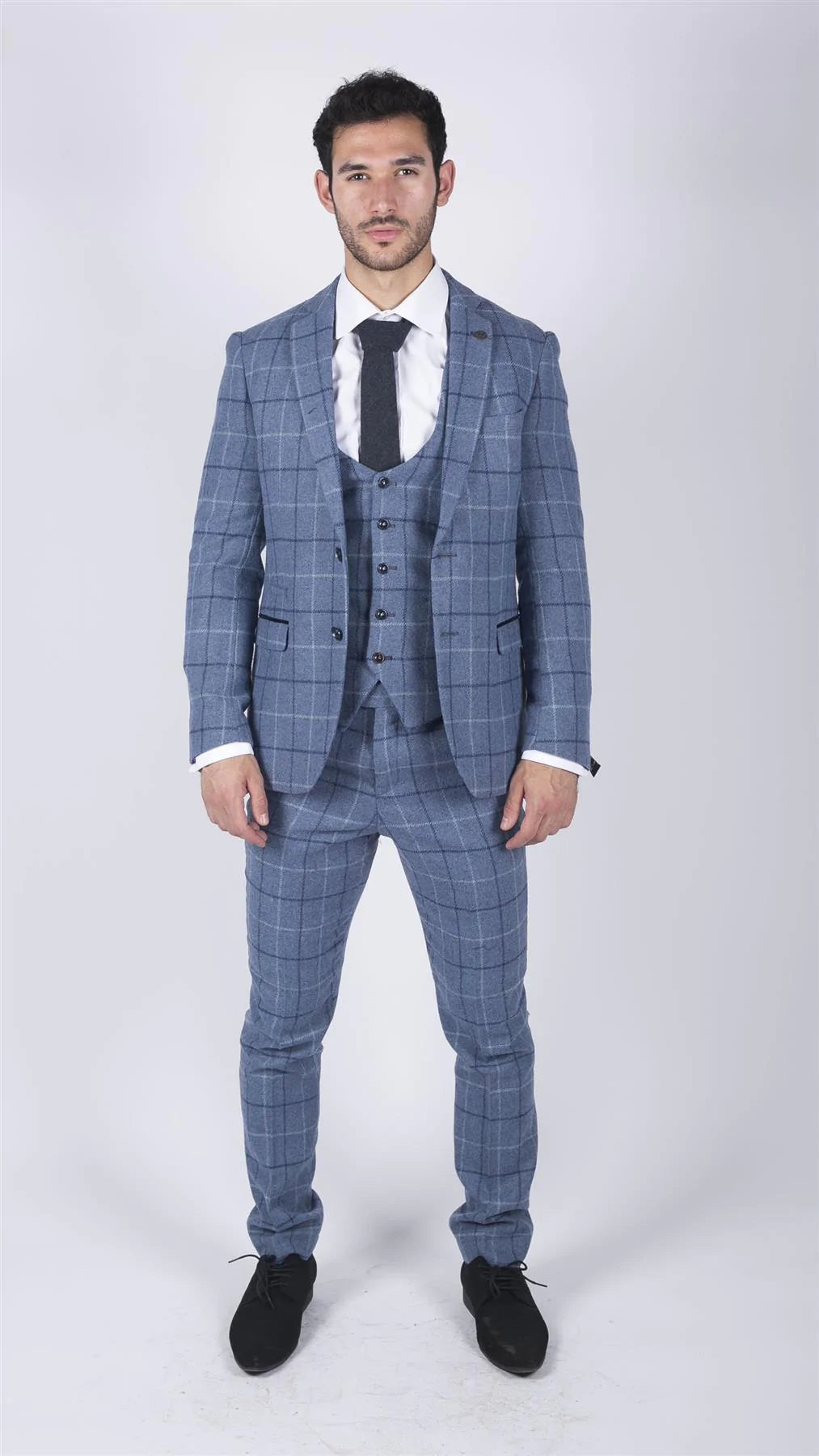 Vīriešu Marc Darcy gaiši zils, tumši zils, rūtains, trīsdaļīgs uzvalks, elegants, ikdienas, tvīda, pieguļošs, Clinton